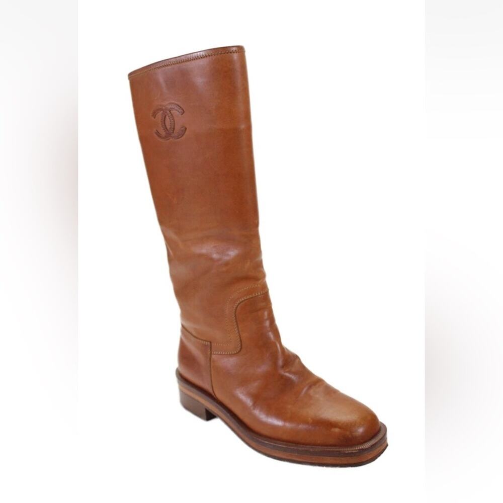CHANEL Russet Congac Leather knee high riding boots 37.5 - Picture 2 of 10